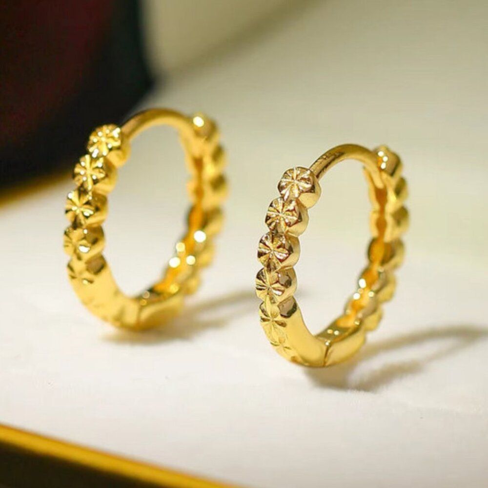 Diamond Cut Gold and Silver Huggie Earrings. 925 Sterling Silver. #1037